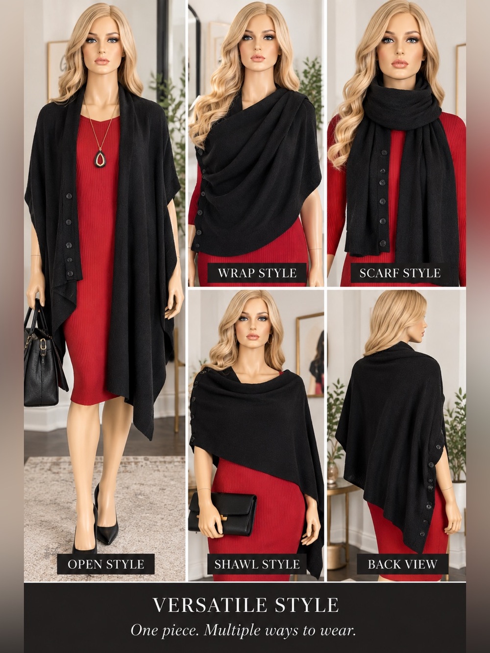Black Knit Wrap Skirt Scarf 58” Long Button Side Detail